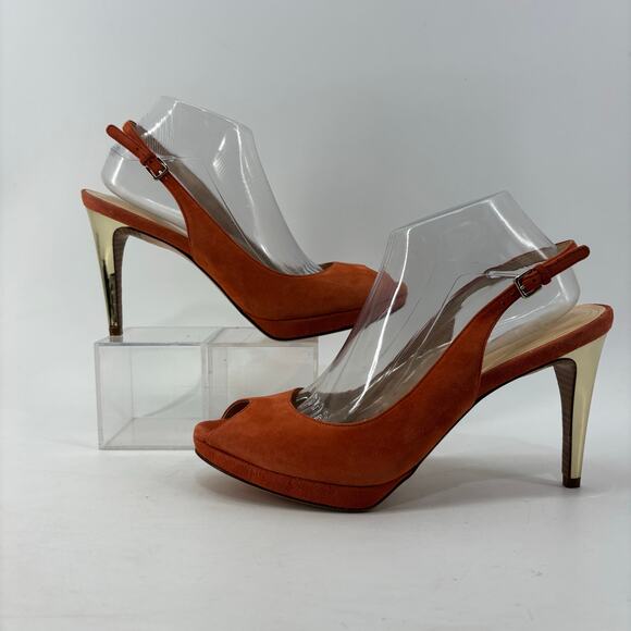 Cole Haan Sz 10.5 Peep Hole Suede Orange Gold Heel Sling Back - Picture 6 of 13